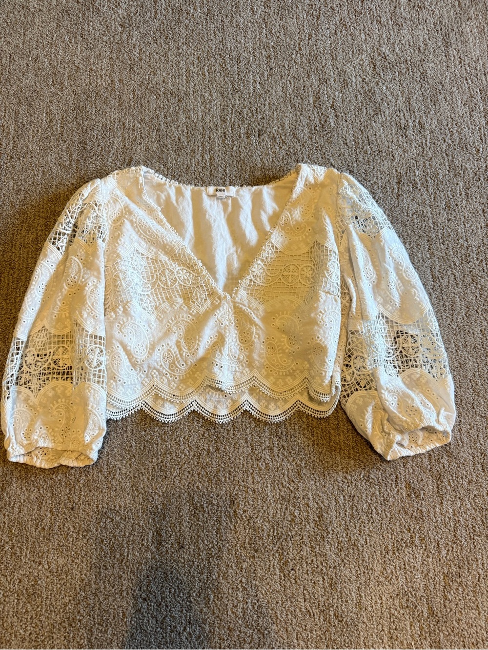 White Eyelet Lace Puff-Sleeve Cropped Top with Scalloped Hem